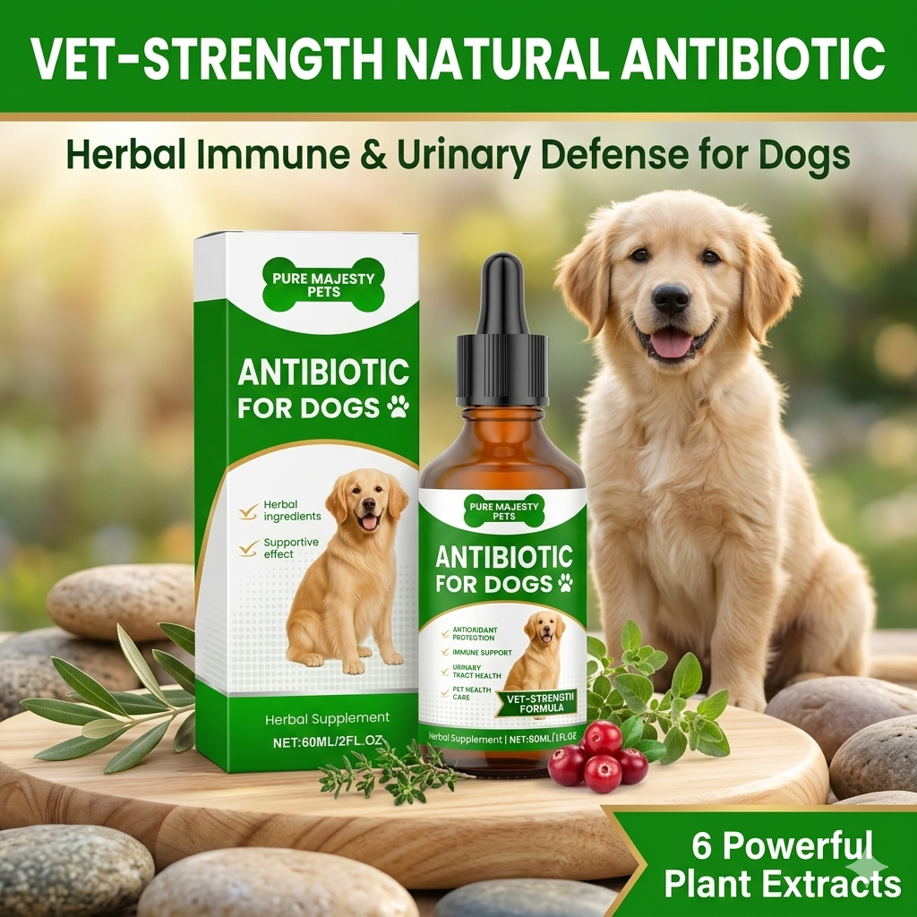 Golden retriever beside vet-strength natural antibiotic with six plant extracts