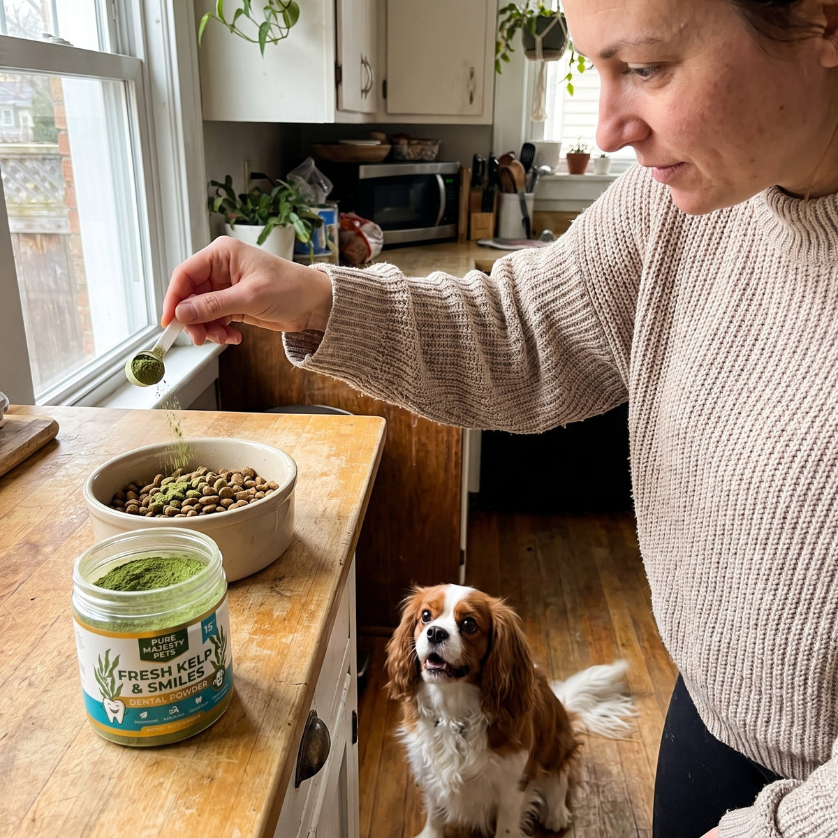 Tutora a polvilhar pó dentário sobre a ração enquanto o seu Cavalier King Charles espera