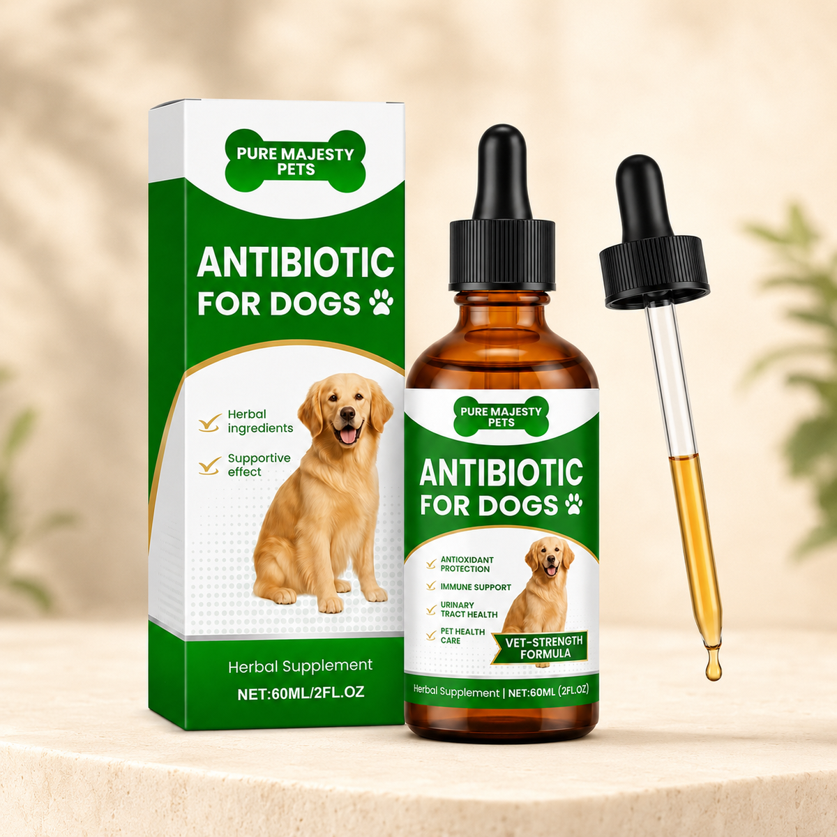 Envase, frasco y cuentagotas del antibiótico herbal para perros Pure Majesty Pets