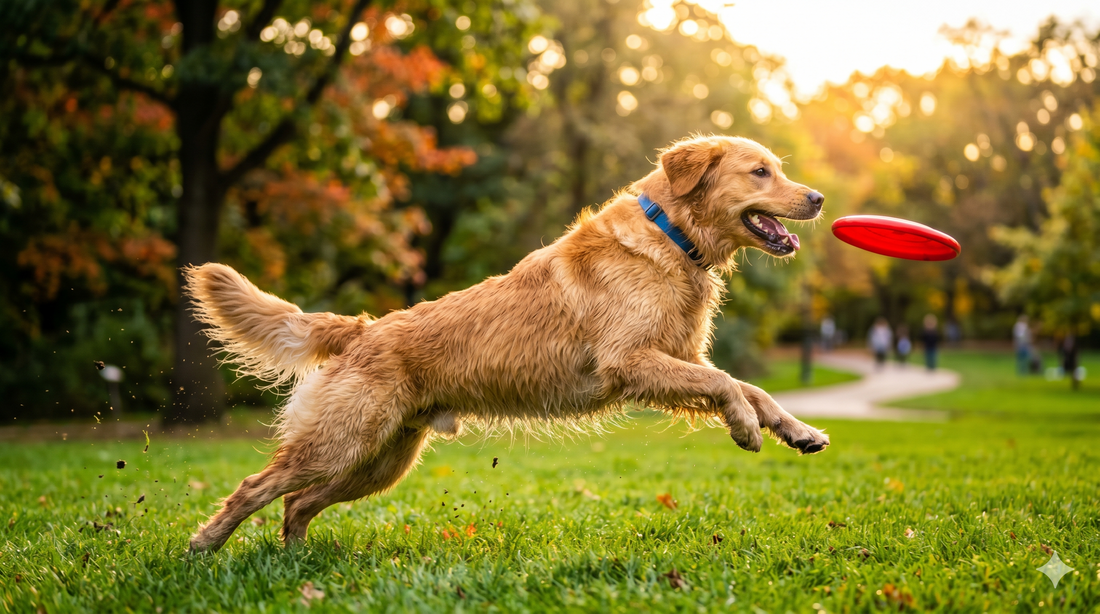 Chien de grande race athlétique et heureux en plein saut dans un parc ensoleillé — meilleurs suppléments articulaires et hanches pour chien