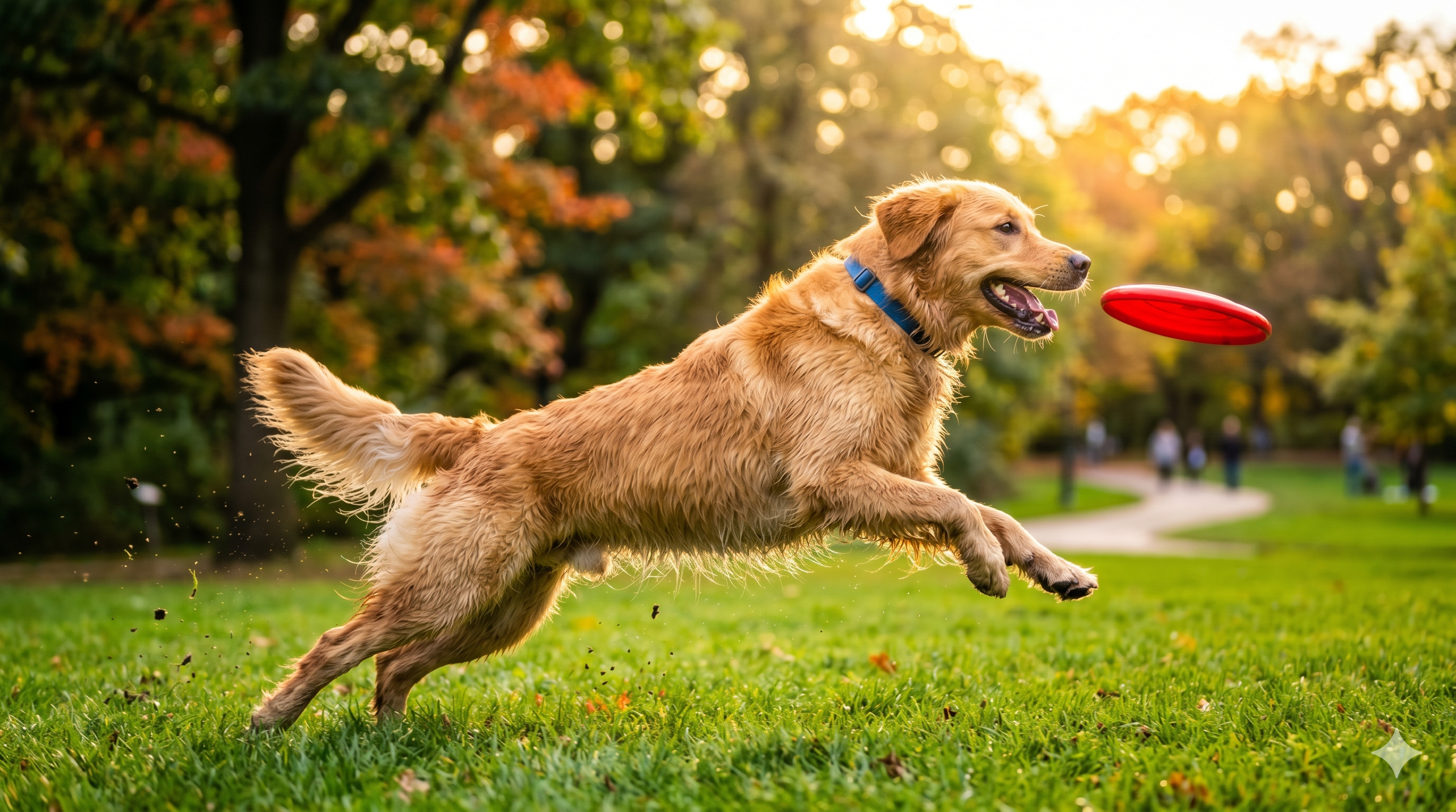 Chien de grande race athlétique et heureux en plein saut dans un parc ensoleillé — meilleurs suppléments articulaires et hanches pour chien