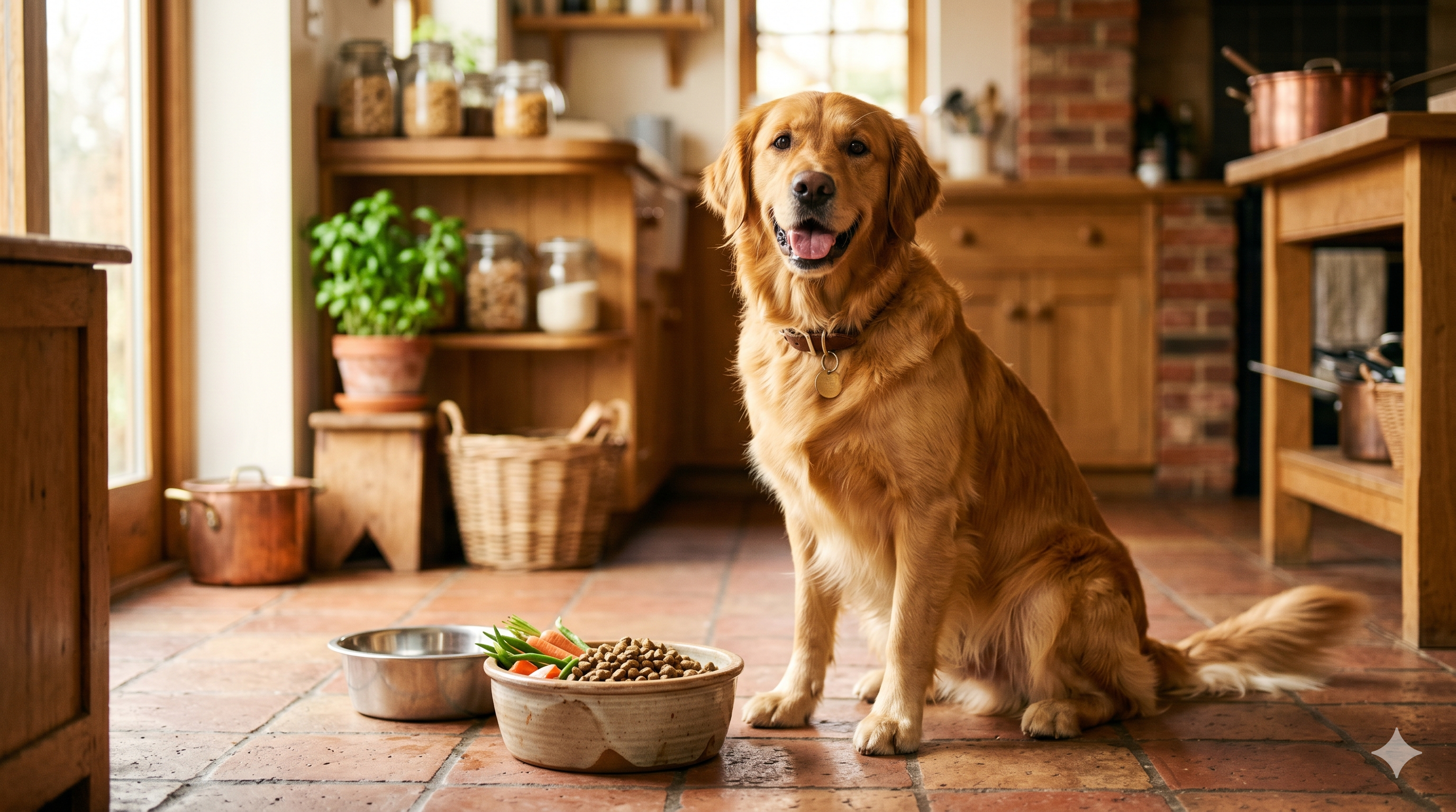 Happy healthy dog beside its bowl in a bright kitchen — best probiotics for dogs in Canada 2026 guide