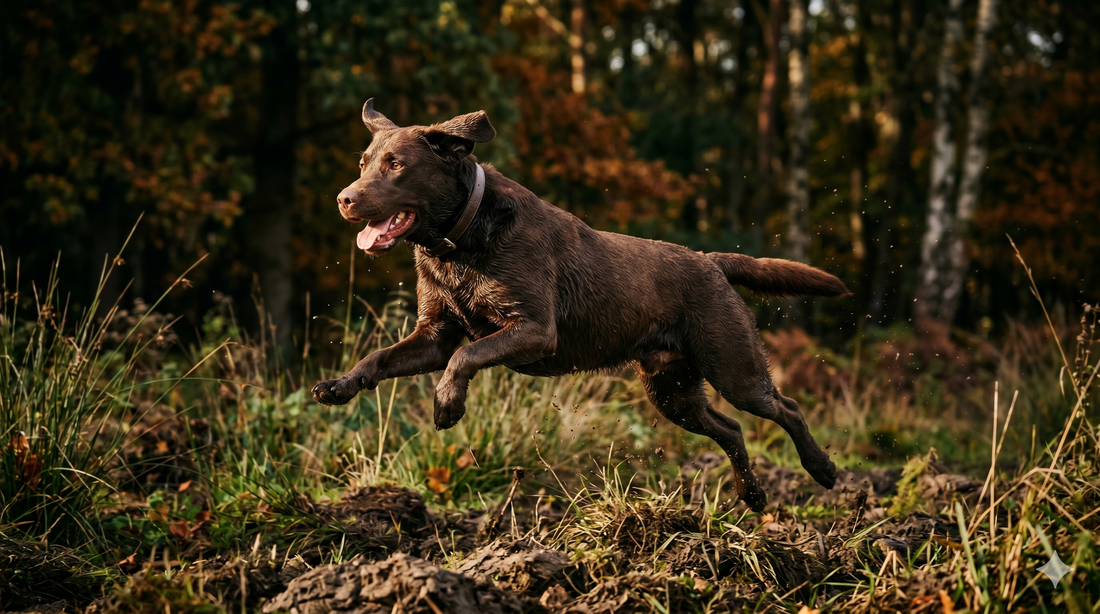Athletic Labrador running outdoors with powerful healthy joints in cinematic light — glucosamine vs collagen for dogs joint supplement comparison