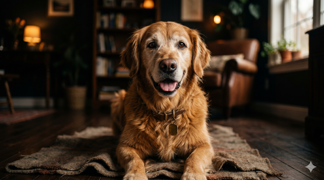 Happy healthy senior dog with a greying muzzle in warm cinematic light — best supplements for senior dogs complete guide