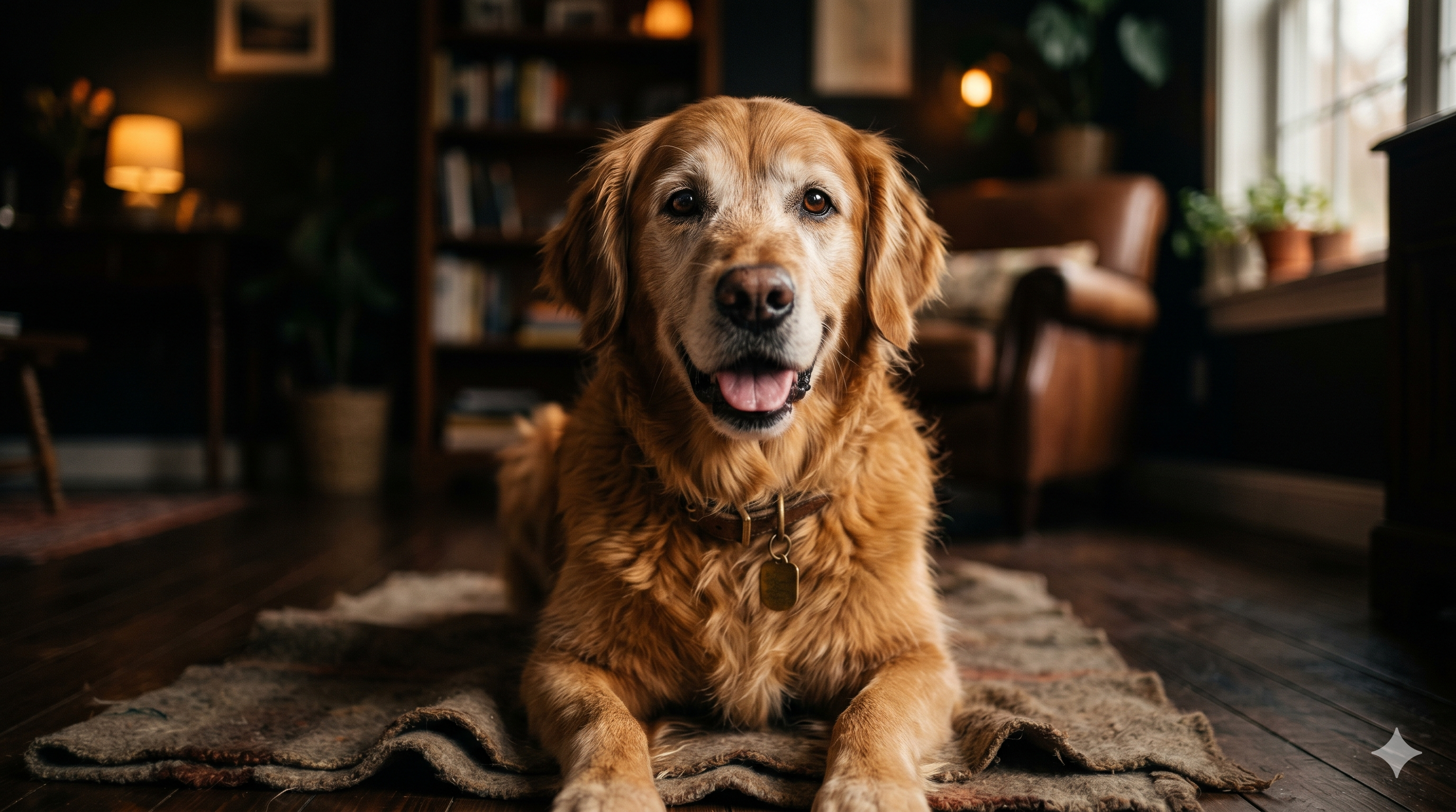 Happy healthy senior dog with a greying muzzle in warm cinematic light — best supplements for senior dogs complete guide
