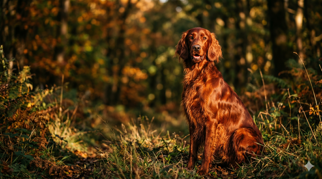 Vibrant Irish Setter with a flaming glossy red coat in warm cinematic light — fish oil vs collagen for dogs