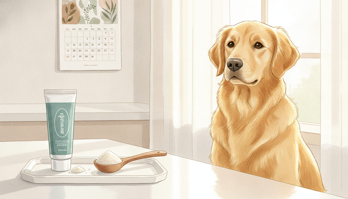 Caduca la pasta dental para perros: tubo abierto junto al polvo dental Pure Majesty Pets y un perro