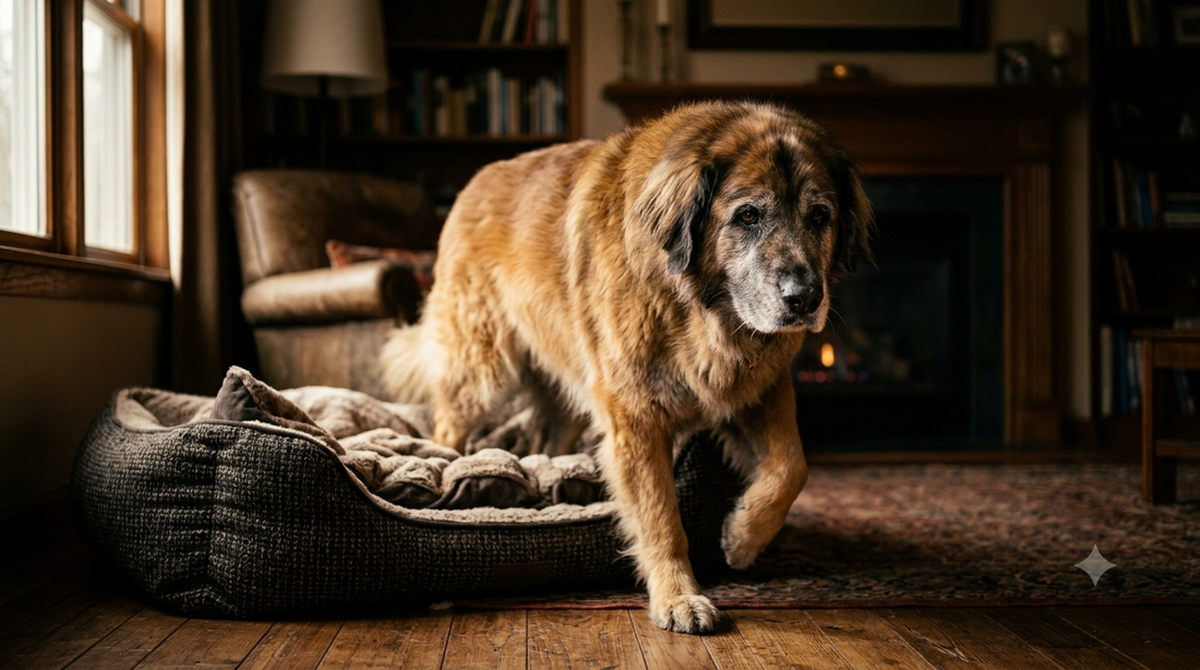 Senior Leonberger rising easily from its bed at home, illustrating the D'Altilio 2007 study of UC-II collagen vs glucosamine in arthritic dogs