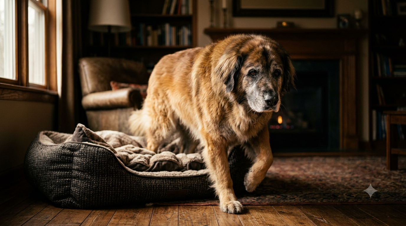Senior Leonberger rising easily from its bed at home, illustrating the D'Altilio 2007 study of UC-II collagen vs glucosamine in arthritic dogs