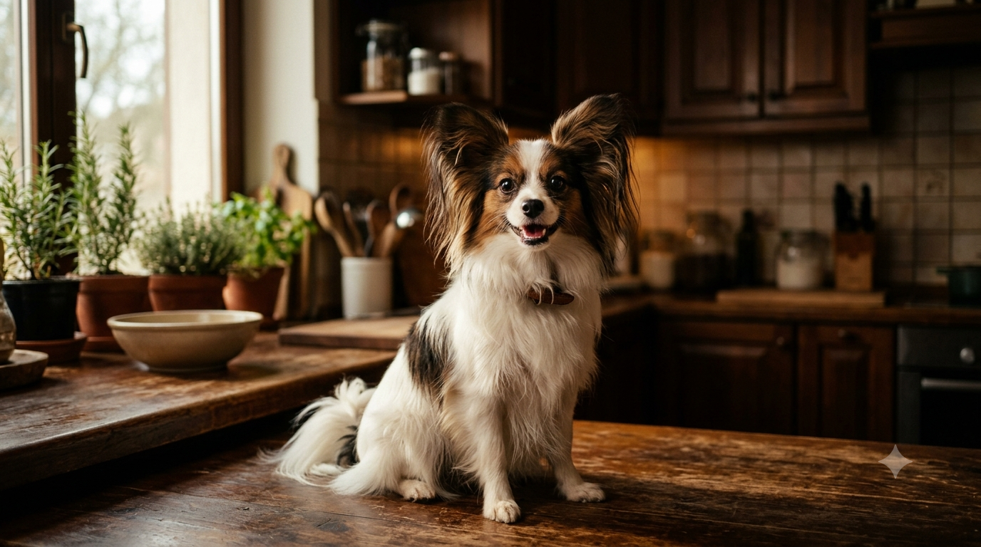 Papillon dog with clean white teeth and healthy pink gums in a bright kitchen, illustrating whether dog dental powder is safe