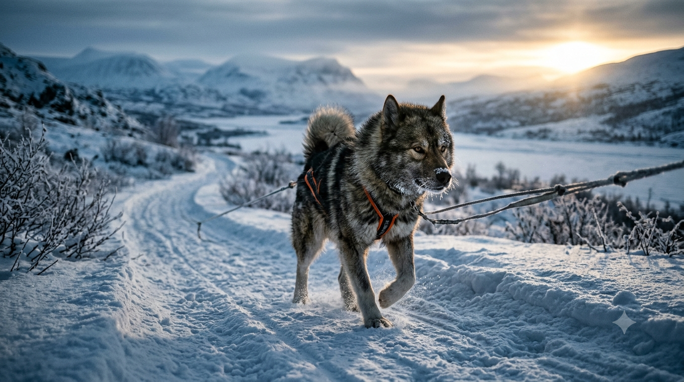 Greenland sled dog in a pulling harness on a snowy trail at dawn, beginning sled dog training
