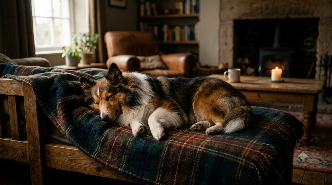 Sheltie resting peacefully on a plaid blanket in a cozy living room, pet parent wellness checklist