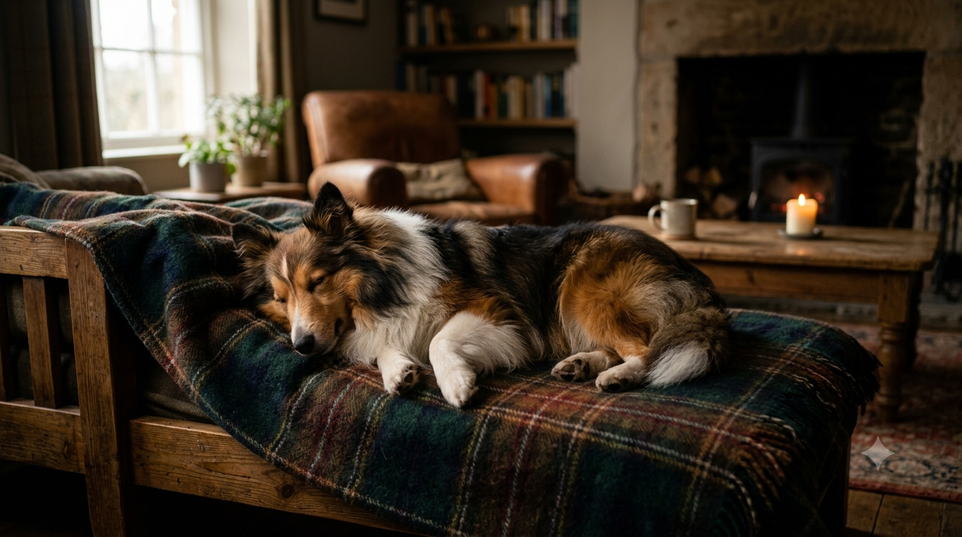 Sheltie resting peacefully on a plaid blanket in a cozy living room, pet parent wellness checklist
