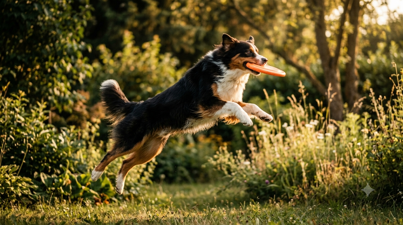 Australian Shepherd leaping to catch a flying disc in a sunny yard, how to keep an Australian Shepherd busy