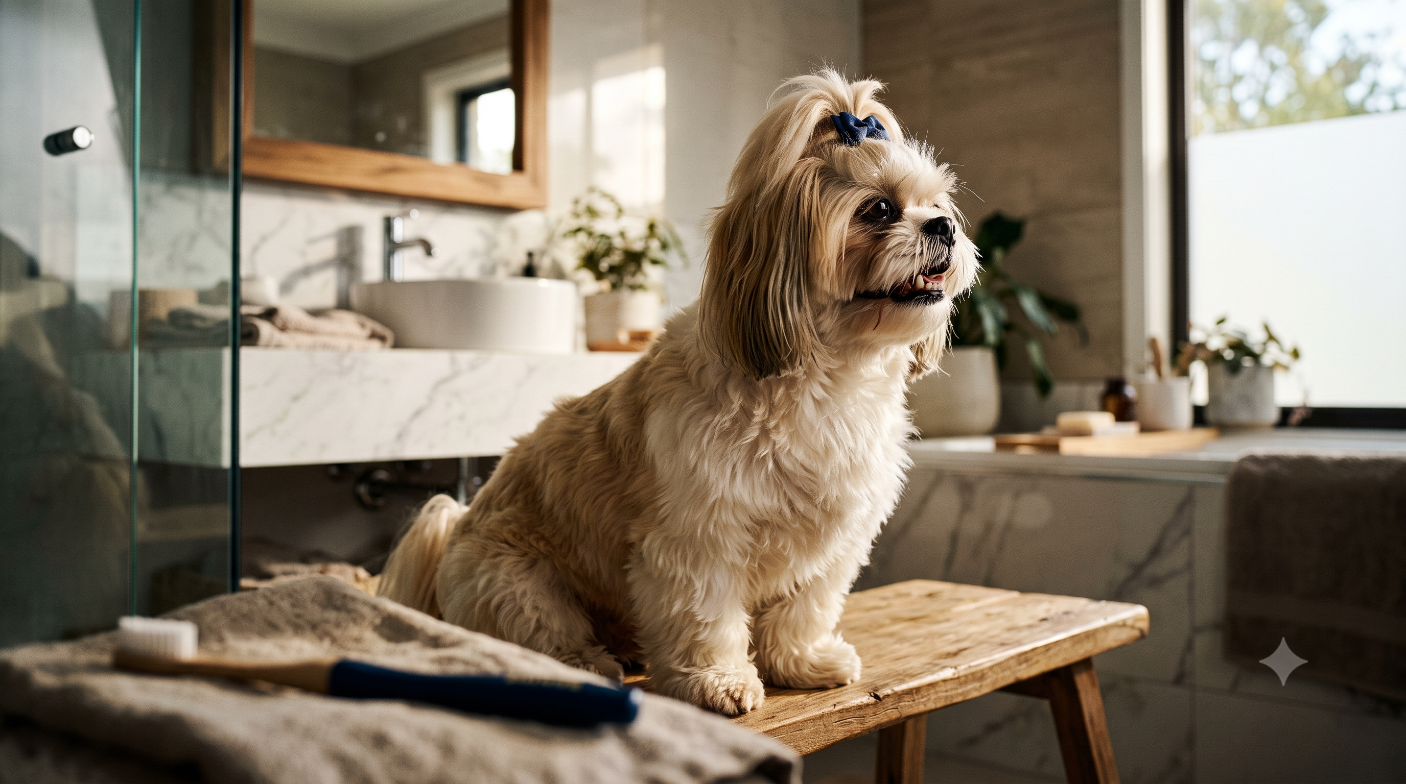 Shih Tzu with clean healthy teeth in a bright bathroom, illustrating an Arm & Hammer vs Virbac vs C.E.T. dog toothpaste comparison