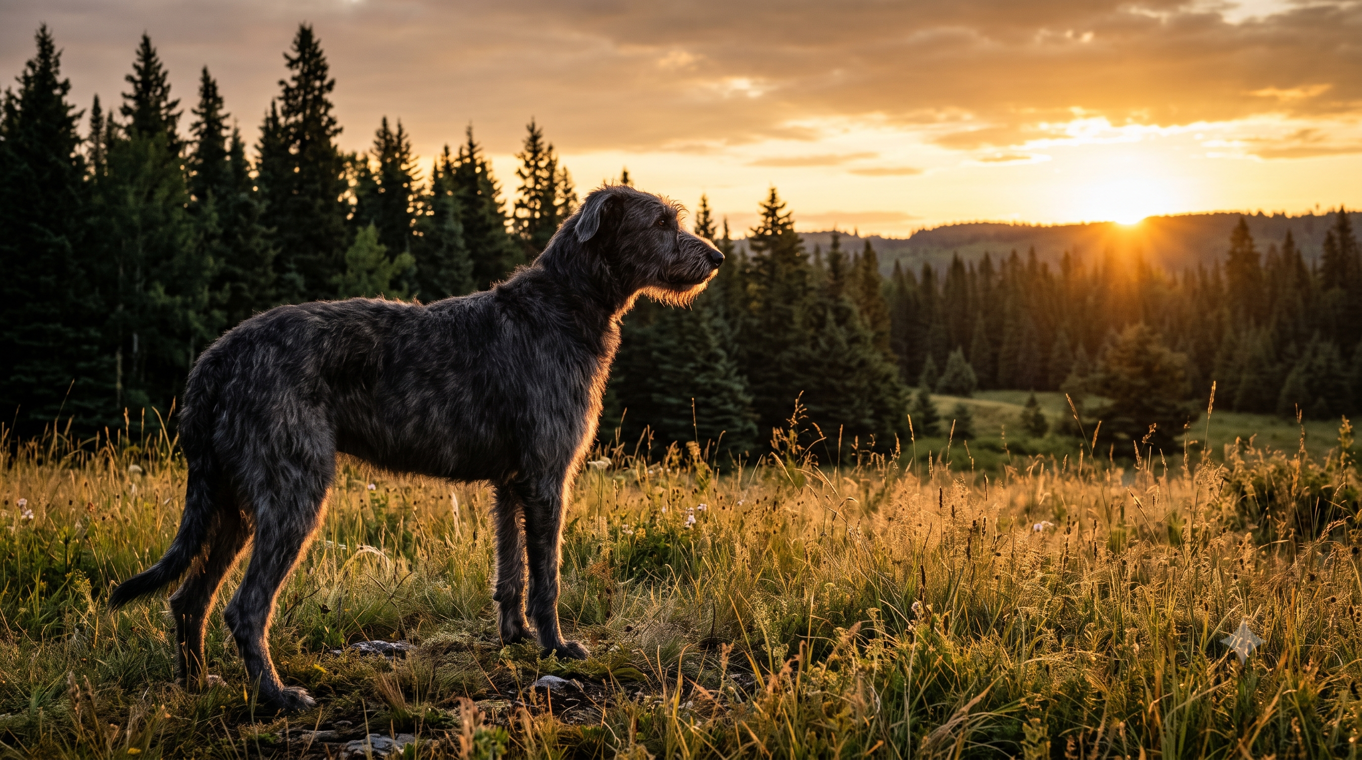 Irish Wolfhound standing in a Canadian meadow at sunrise, best glucosamine supplements for large breed dogs in Canada