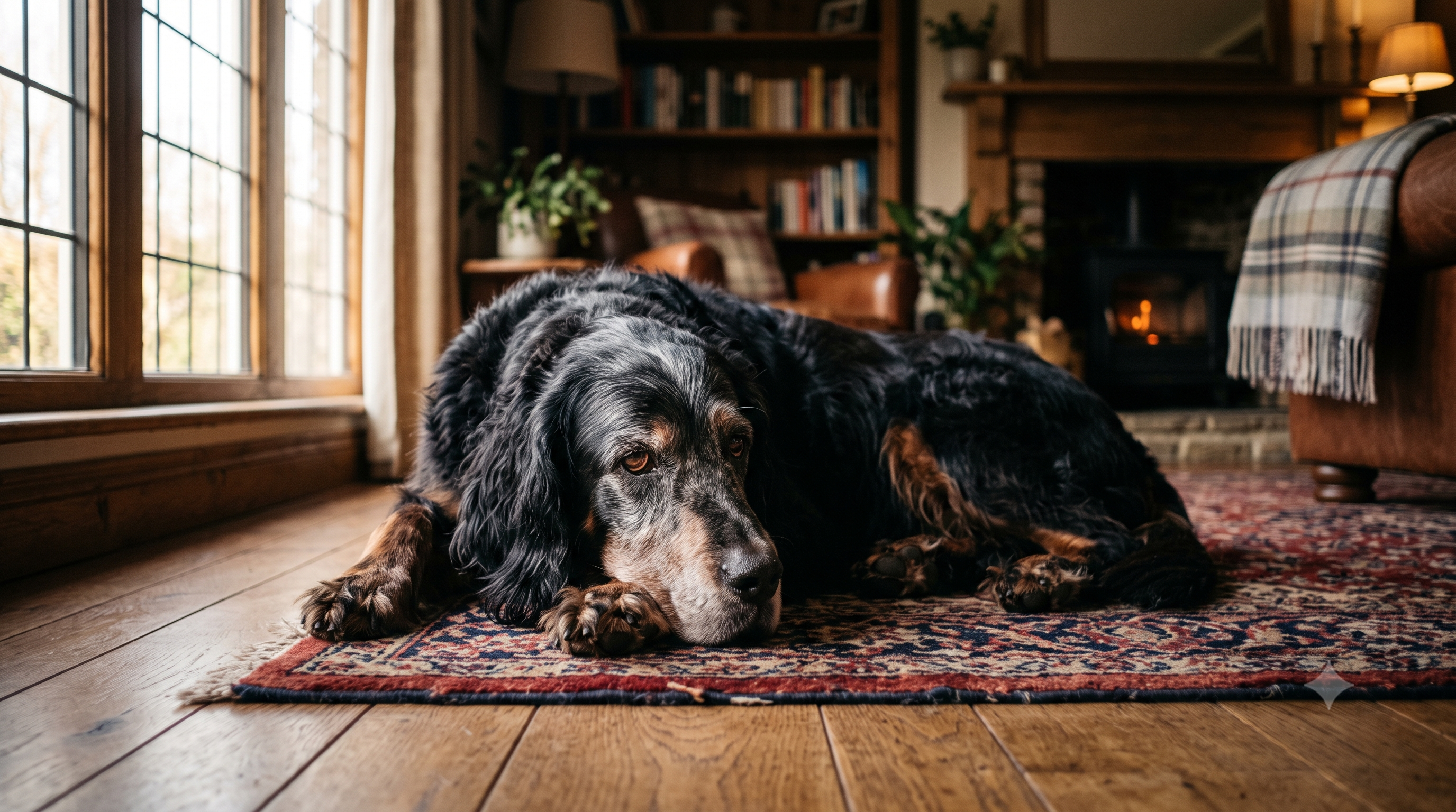 Senior Gordon Setter with a greying muzzle resting indoors, collagen for senior dogs and signs of deficiency
