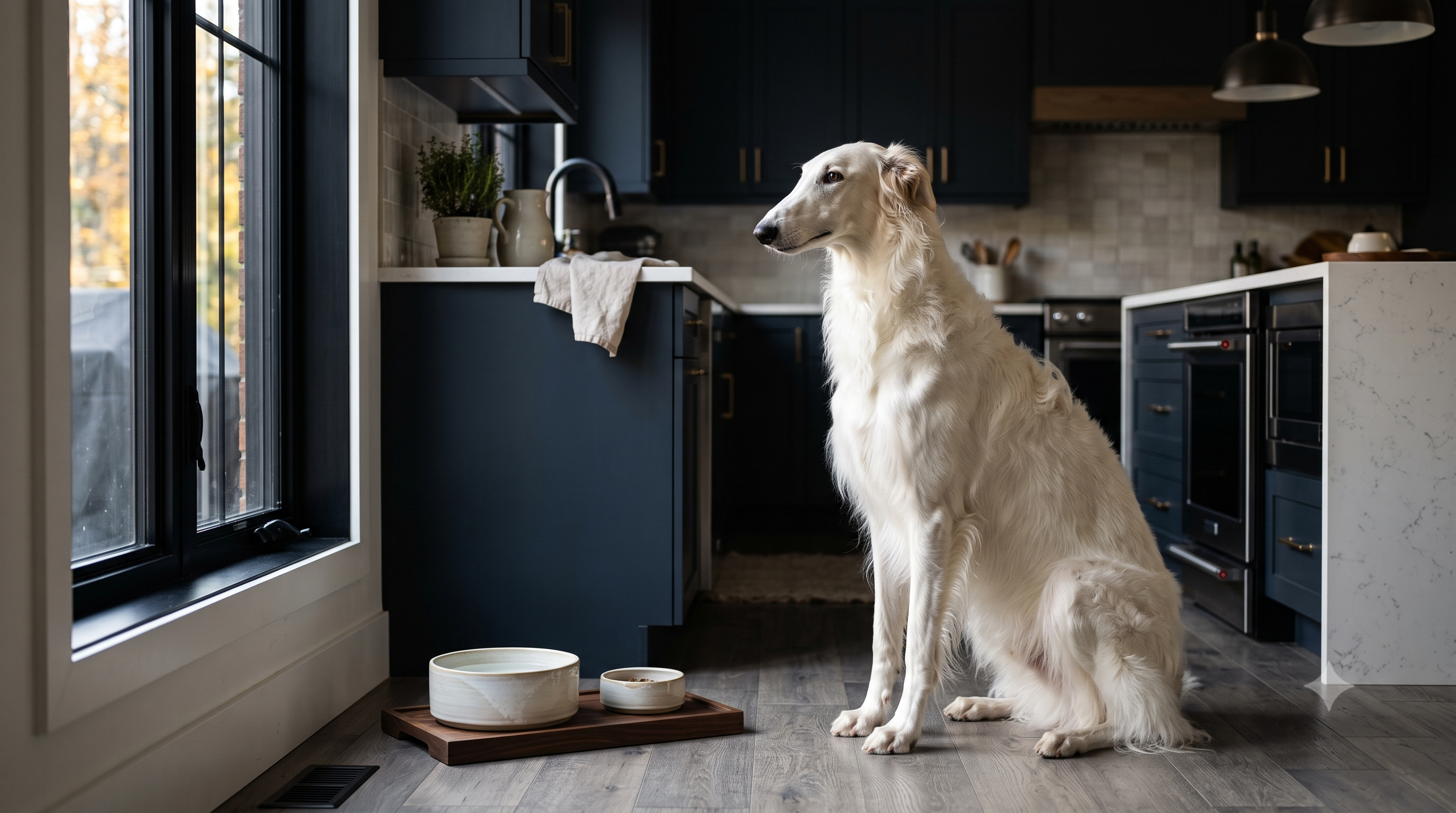Elegant Borzoi with a glossy coat beside a ceramic bowl, what is hydrolyzed collagen for dogs