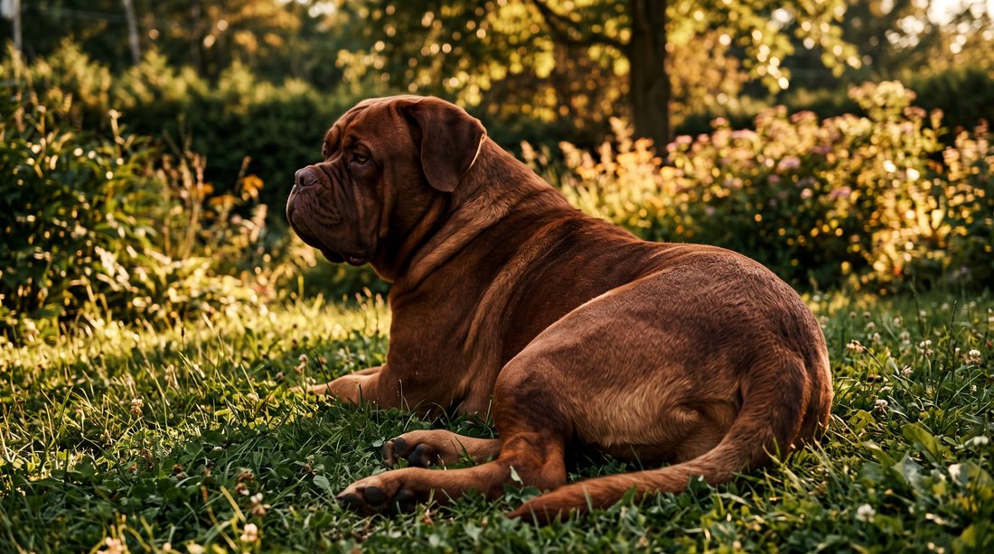 Adult Dogue de Bordeaux lying in the grass showing strong hips, hip dysplasia in dogs and collagen support