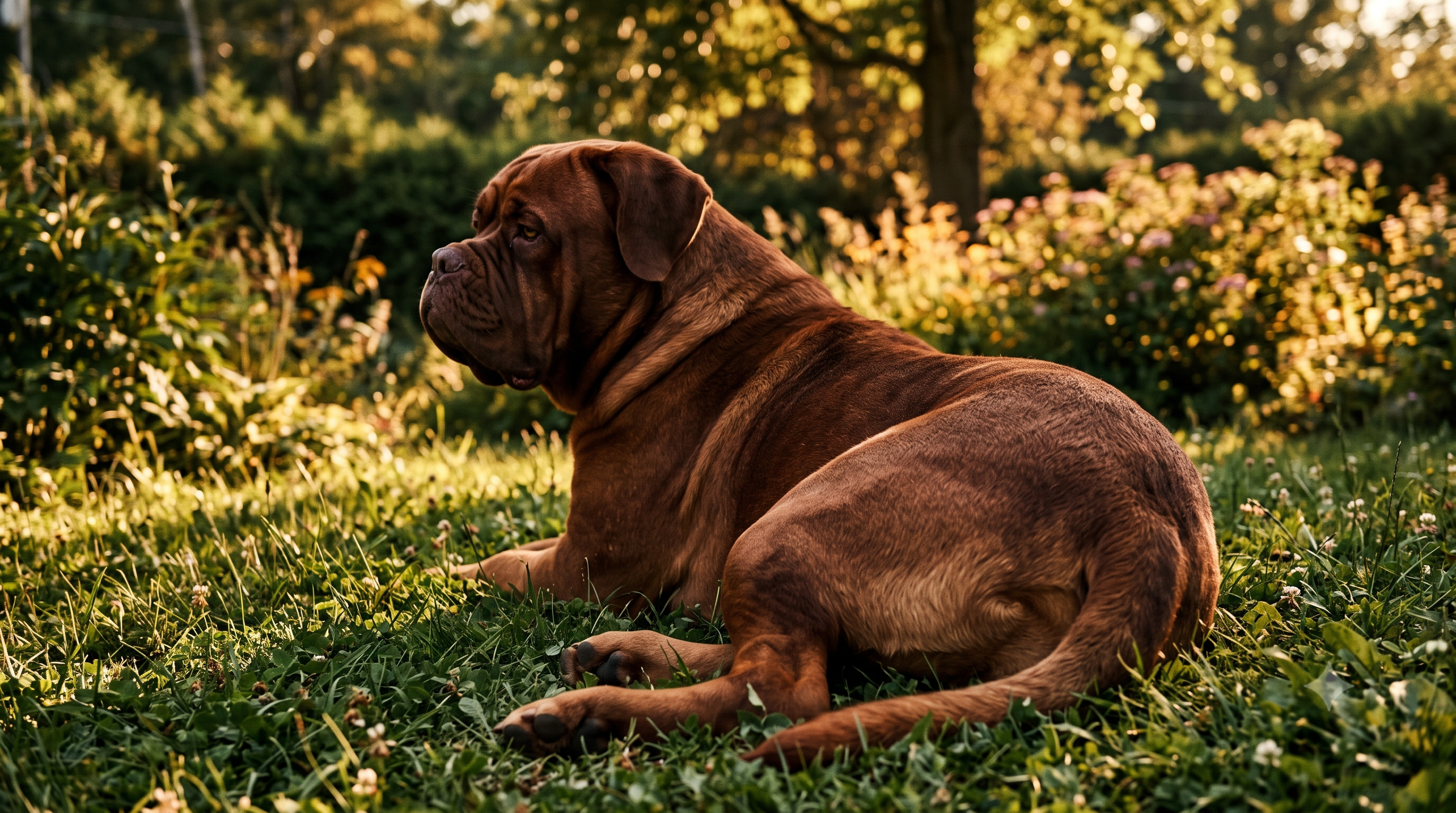 Adult Dogue de Bordeaux lying in the grass showing strong hips, hip dysplasia in dogs and collagen support