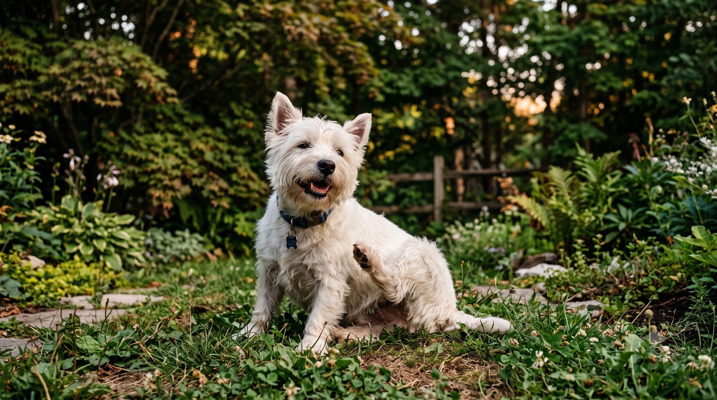 West Highland White Terrier scratching its side in a summer garden, how to stop dog itching naturally in Canada
