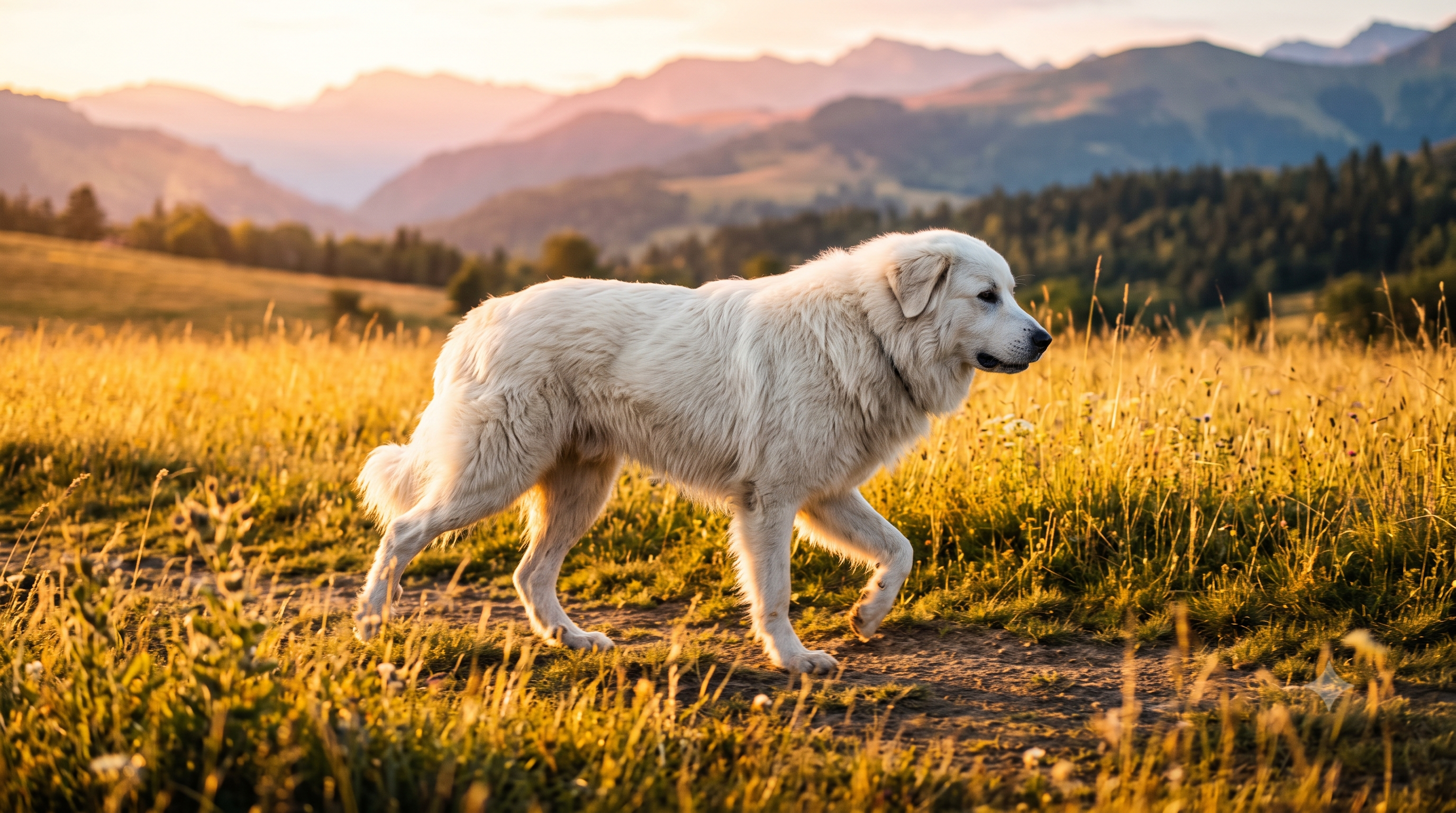 Large white Great Pyrenees dog trotting through a golden meadow, healthy joints in motion - joint health supplement guide for large breed dogs
