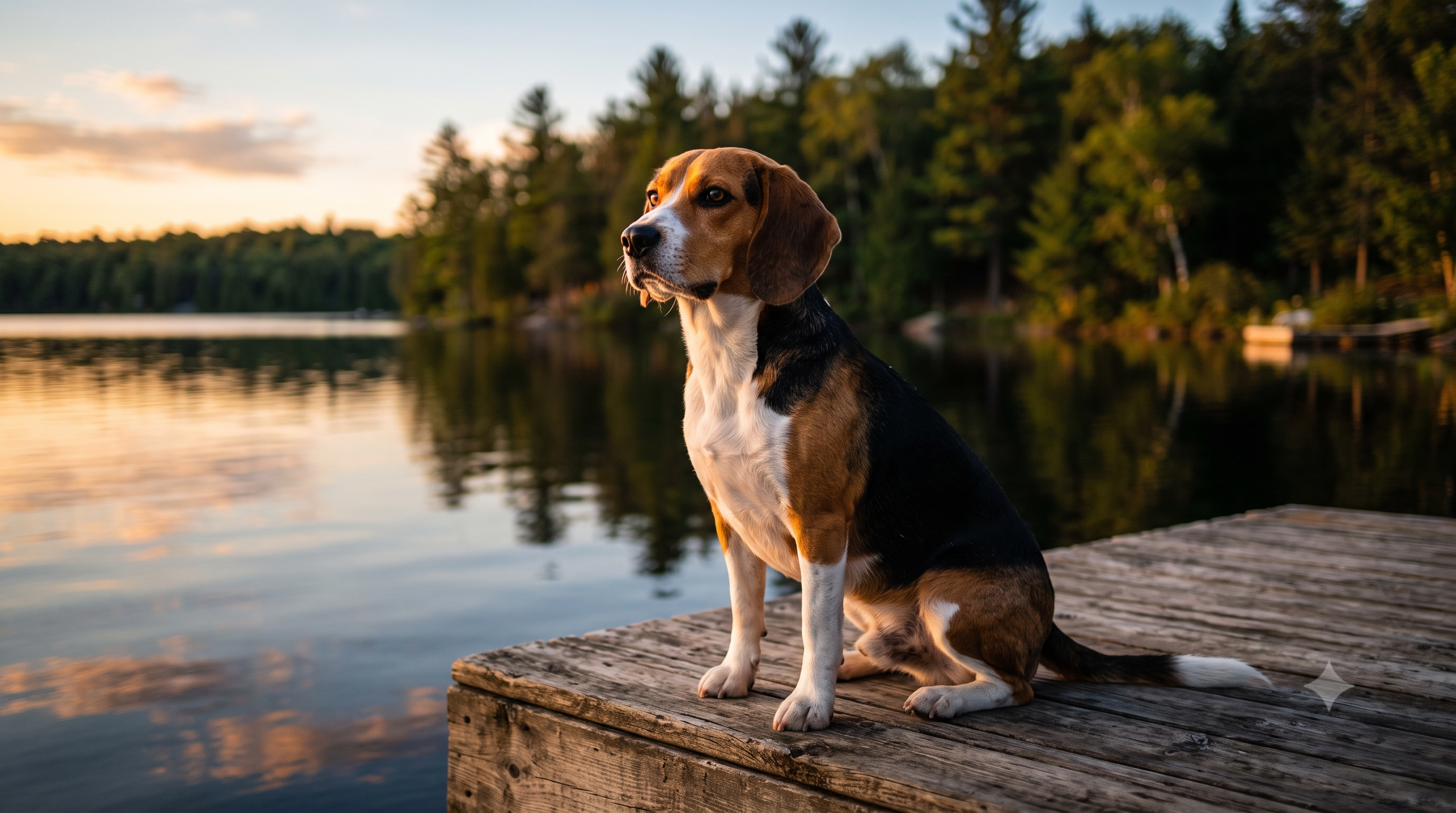 Healthy adult Beagle with a shiny coat sitting on a lakeside dock - should I give my dog collagen, benefits and signs
