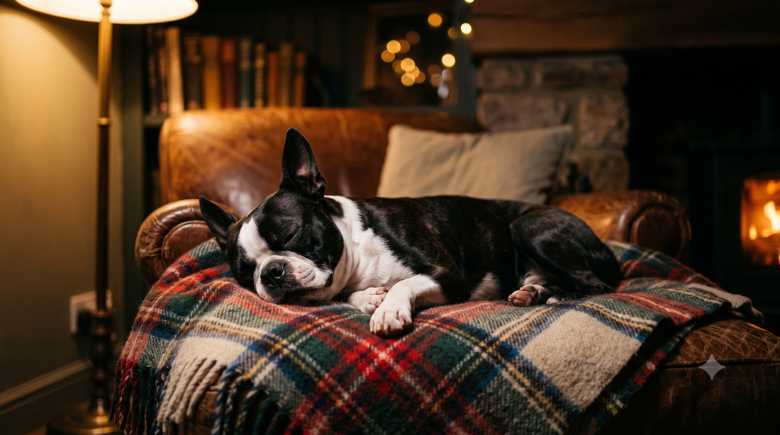 Boston Terrier resting calmly on a wool blanket with healthy itch-free skin - best anti itch medicine for dogs