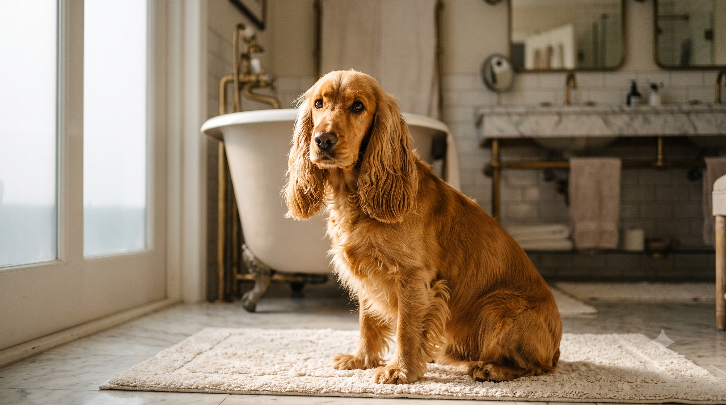 English Cocker Spaniel with clean bright eyes and healthy ears in a sunlit bathroom - dog ear and eye cleaner for infection prevention