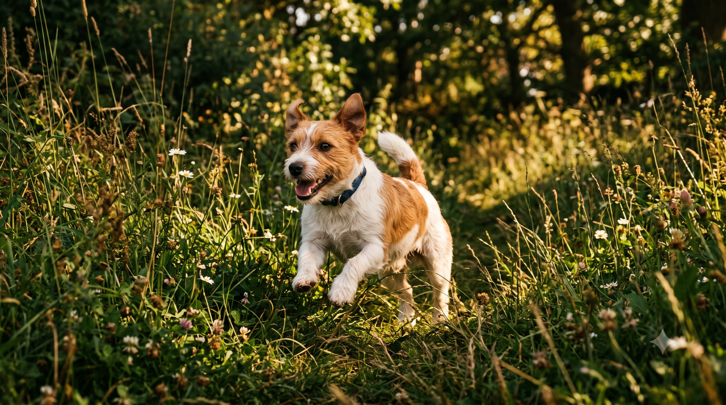 Happy Jack Russell Terrier running through summer grass with a healthy itch-free coat - the best thing to give my dog to stop itching