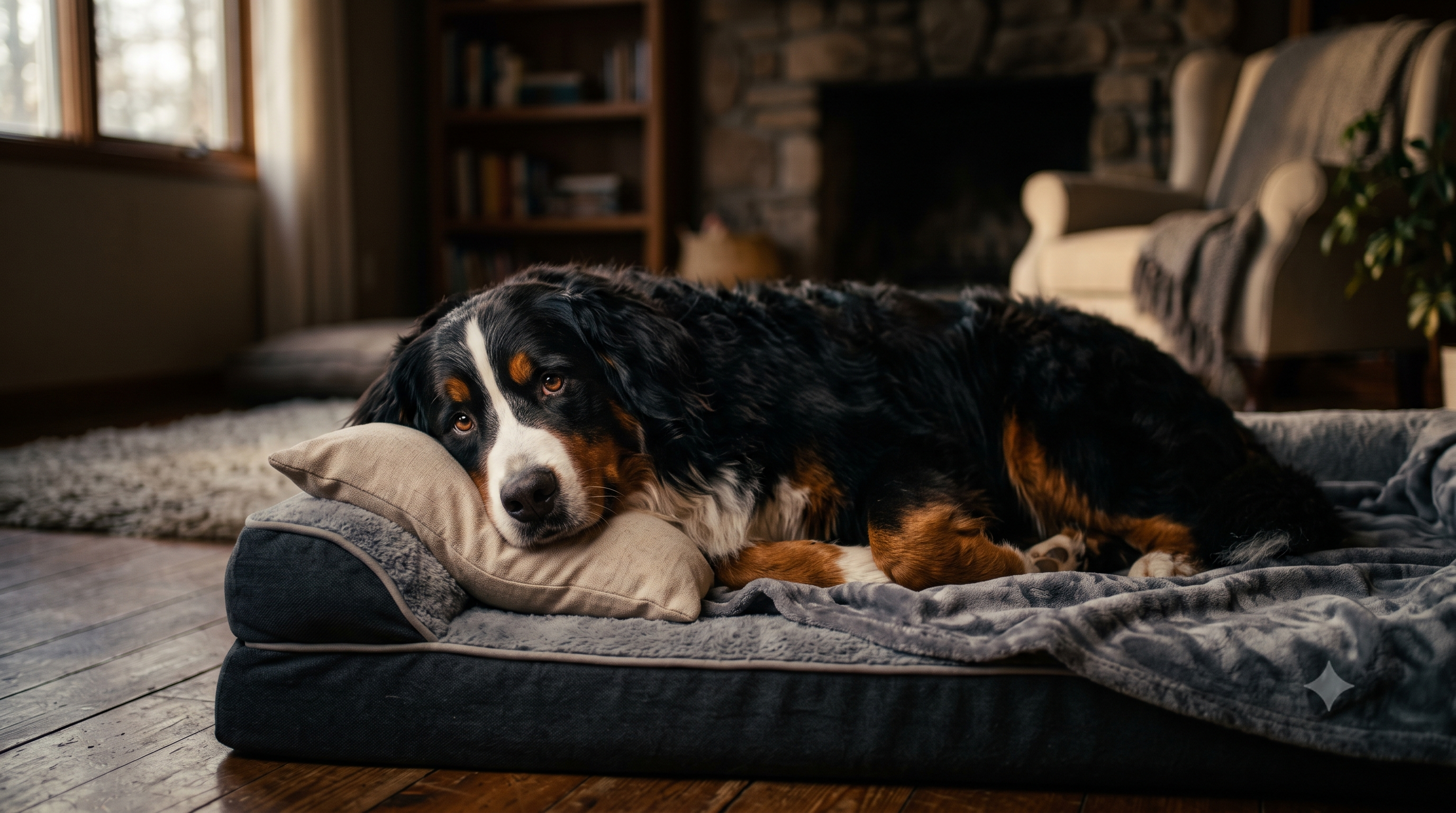 Bernese Mountain Dog resting peacefully on an orthopedic dog bed during recovery - how collagen supplements help dogs recover after surgery