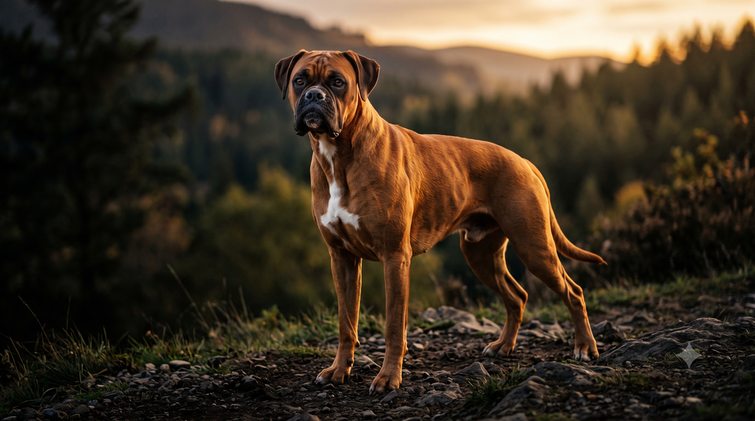 Athletic, healthy Boxer dog with a shiny coat, illustrating collagen for dog gut health