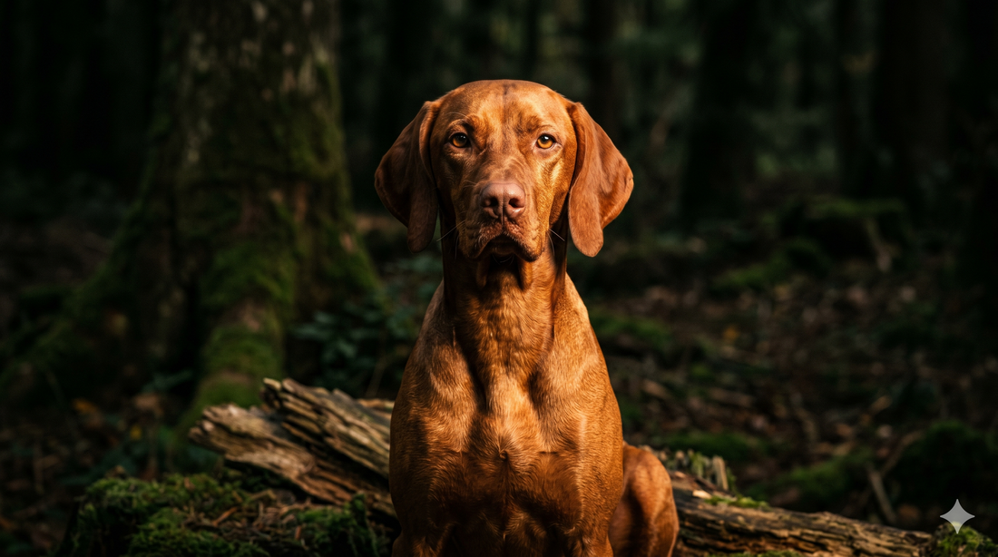Sleek copper-coated Vizsla with a glossy shiny coat in cinematic light — Pure Majesty vs Taily liquid collagen for dogs