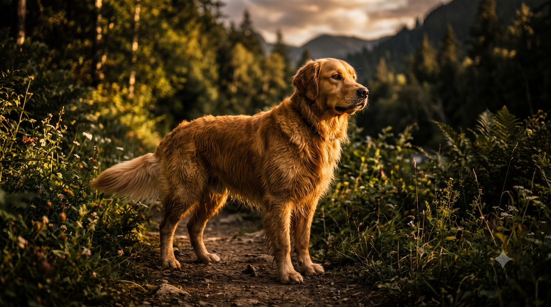 Healthy Golden Retriever with a dense, lustrous coat outdoors, illustrating collagen for Golden Retrievers