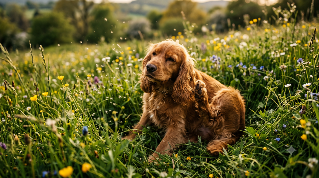 Cocker Spaniel scratching its ear in a spring meadow, illustrating seasonal allergies and dog itch relief