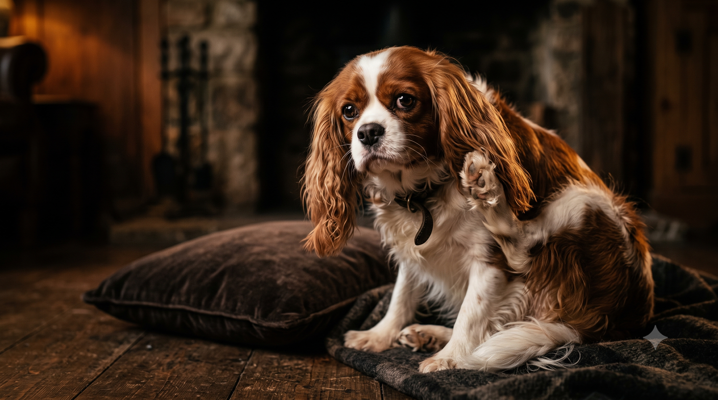 Cavalier King Charles Spaniel with long ears pawing at its ear, illustrating signs of a dog ear infection