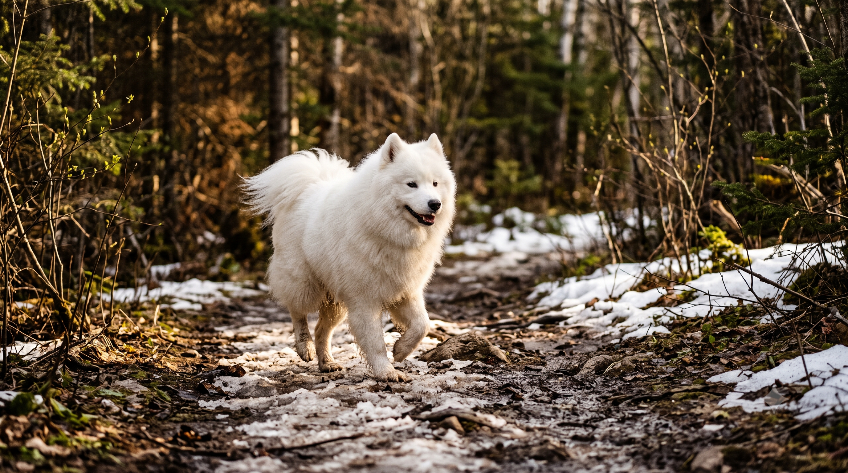 Samoyed dog walking on a spring trail after winter, supporting spring joint care for dogs in Canada
