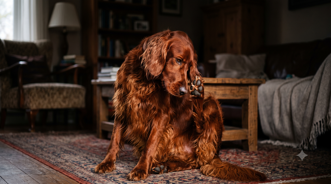 Irish Setter tending to its irritated ear at home, illustrating dog scratching ears causes and natural remedies