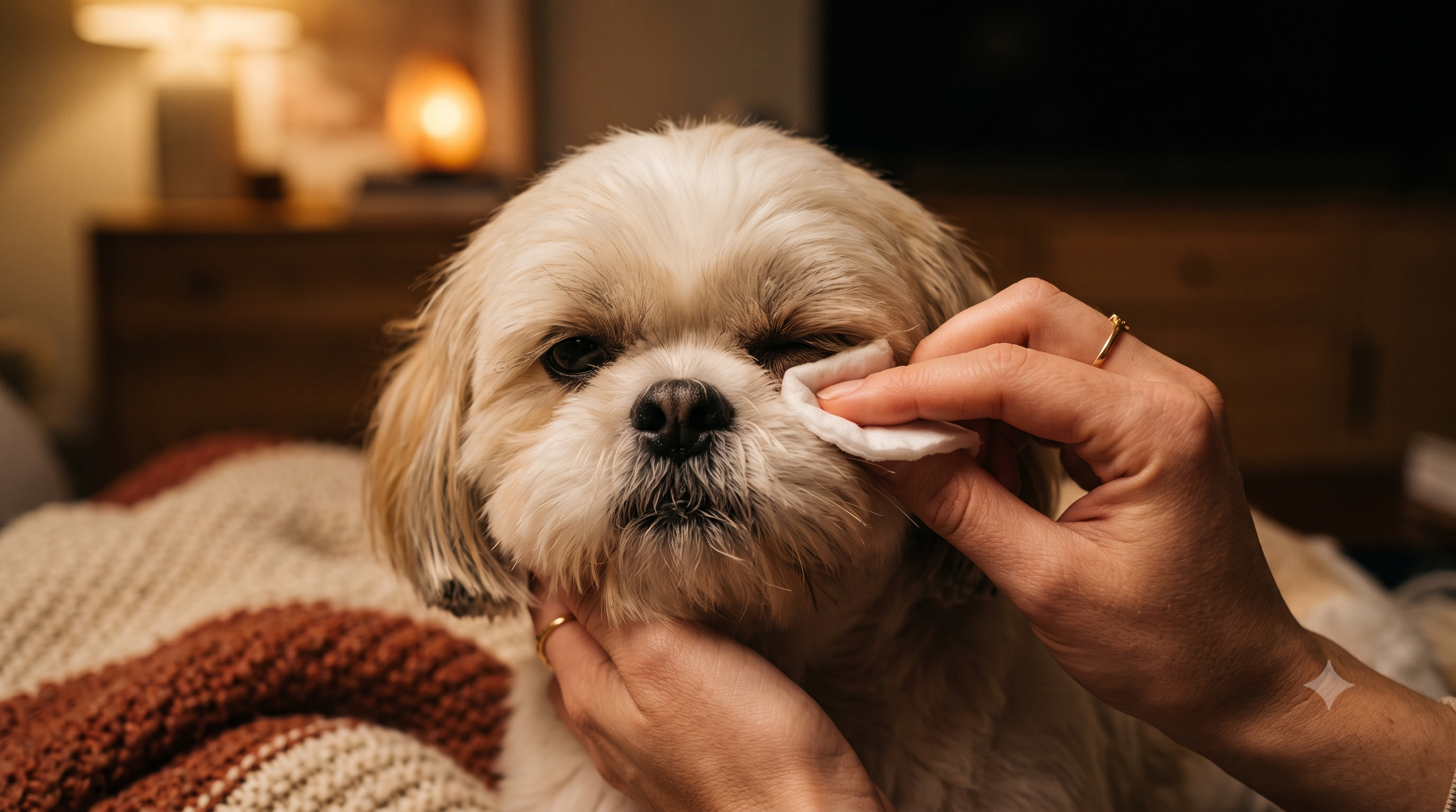 Shih Tzu having the area around its eye gently wiped with a soft cotton pad, showing how to clean dog eyes safely