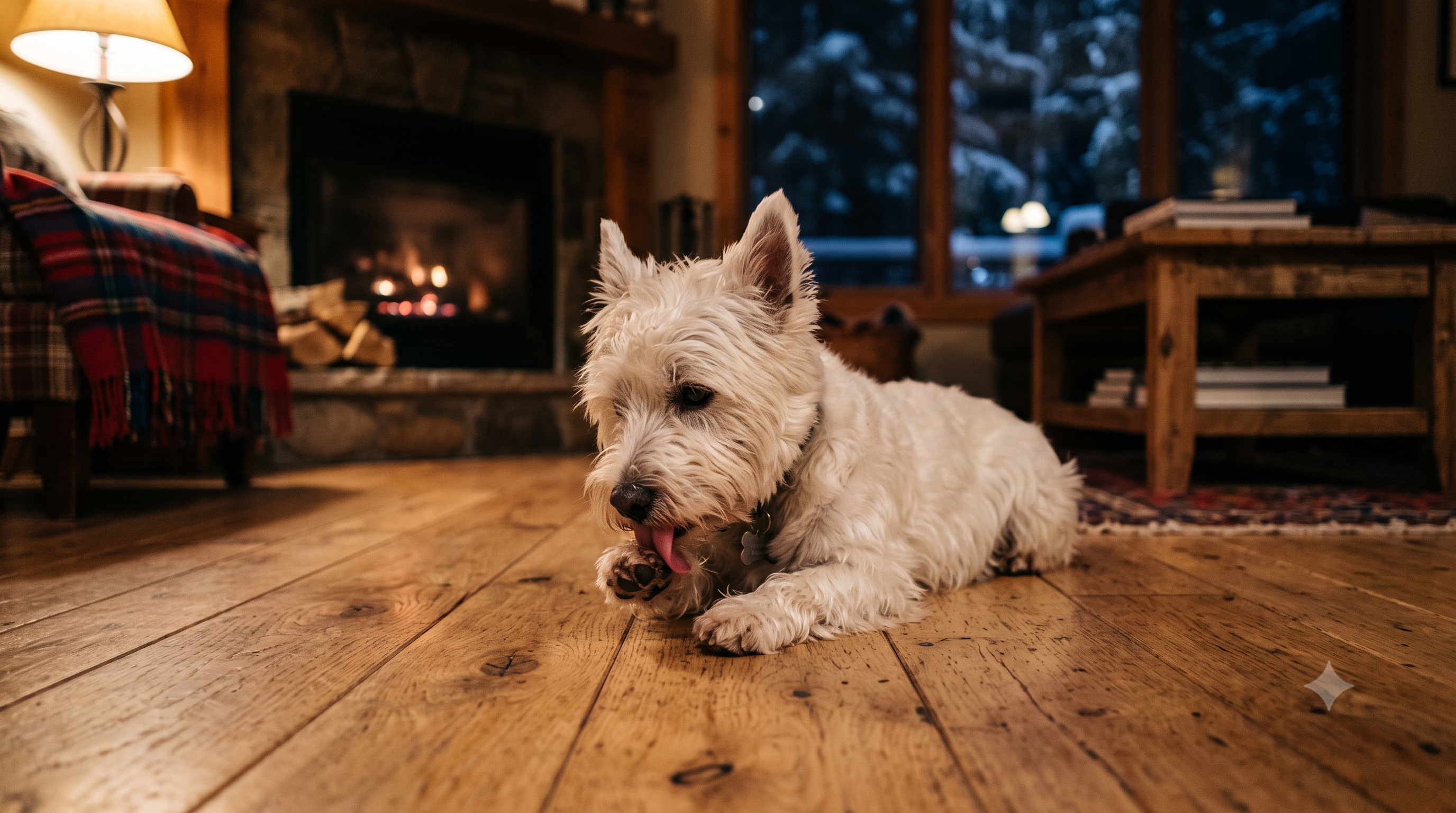 West Highland White Terrier licking its front paw on a wood floor, illustrating why dogs lick their paws
