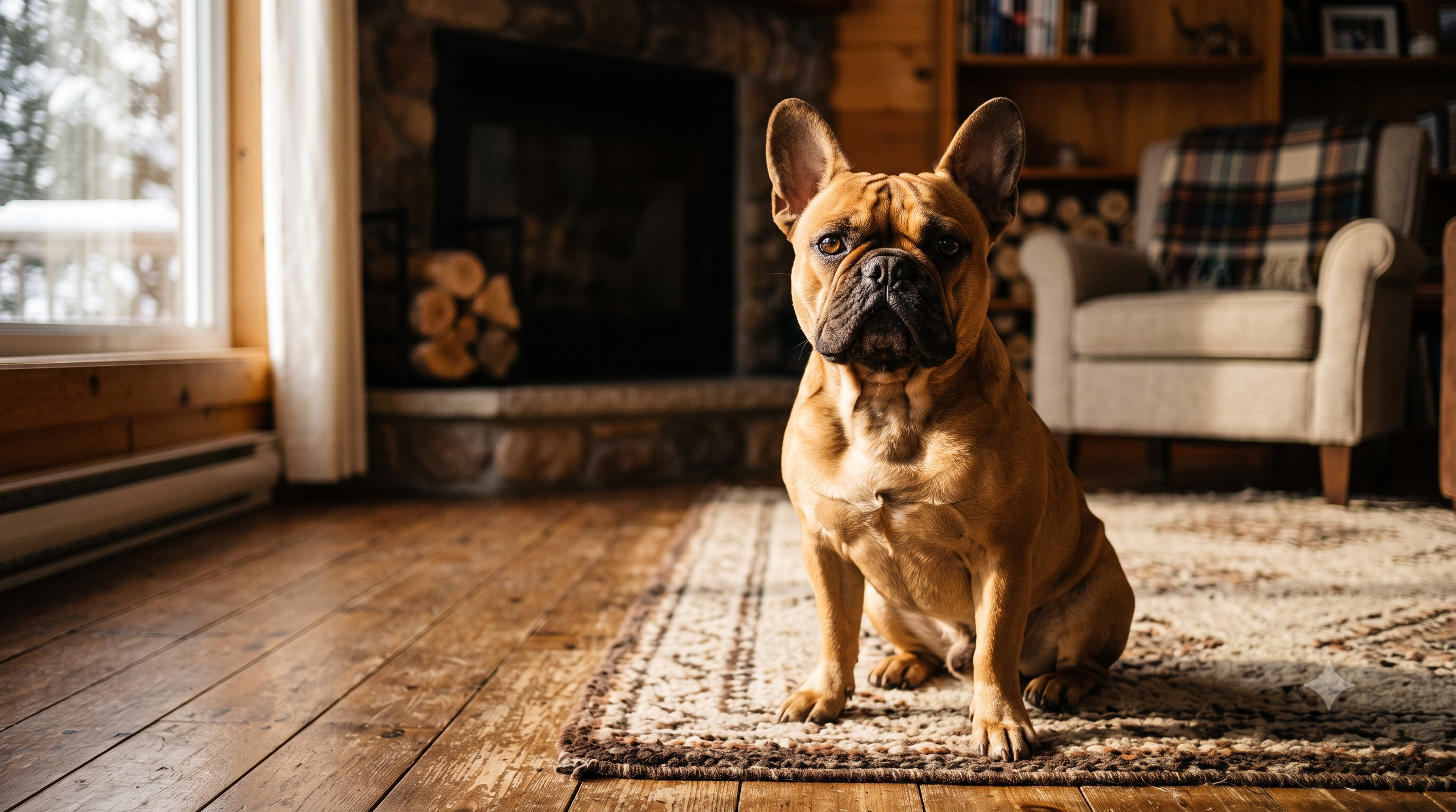 Healthy fawn French Bulldog sitting in a bright Canadian living room, representing collagen support for French Bulldogs