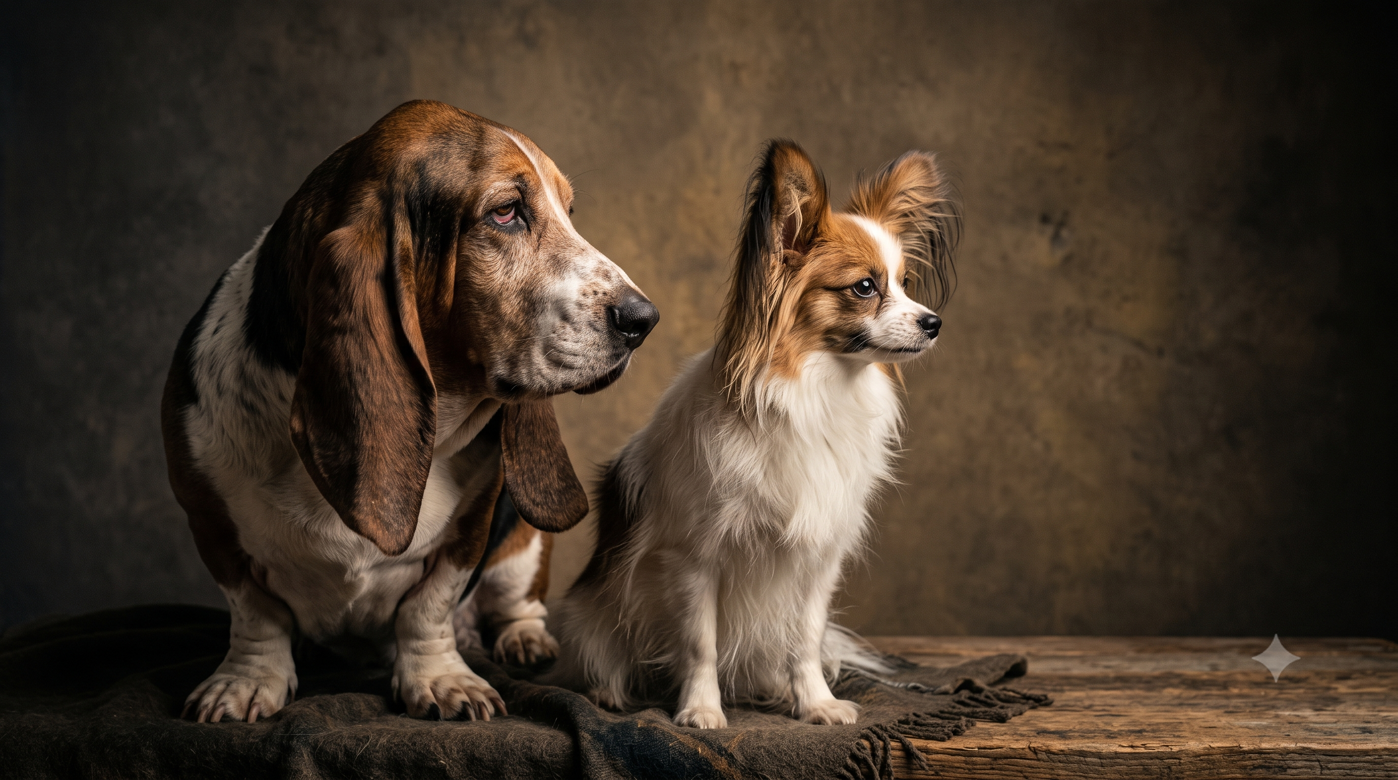 Basset Hound with long floppy ears beside a Papillon with upright ears, comparing dog ear care for both ear types