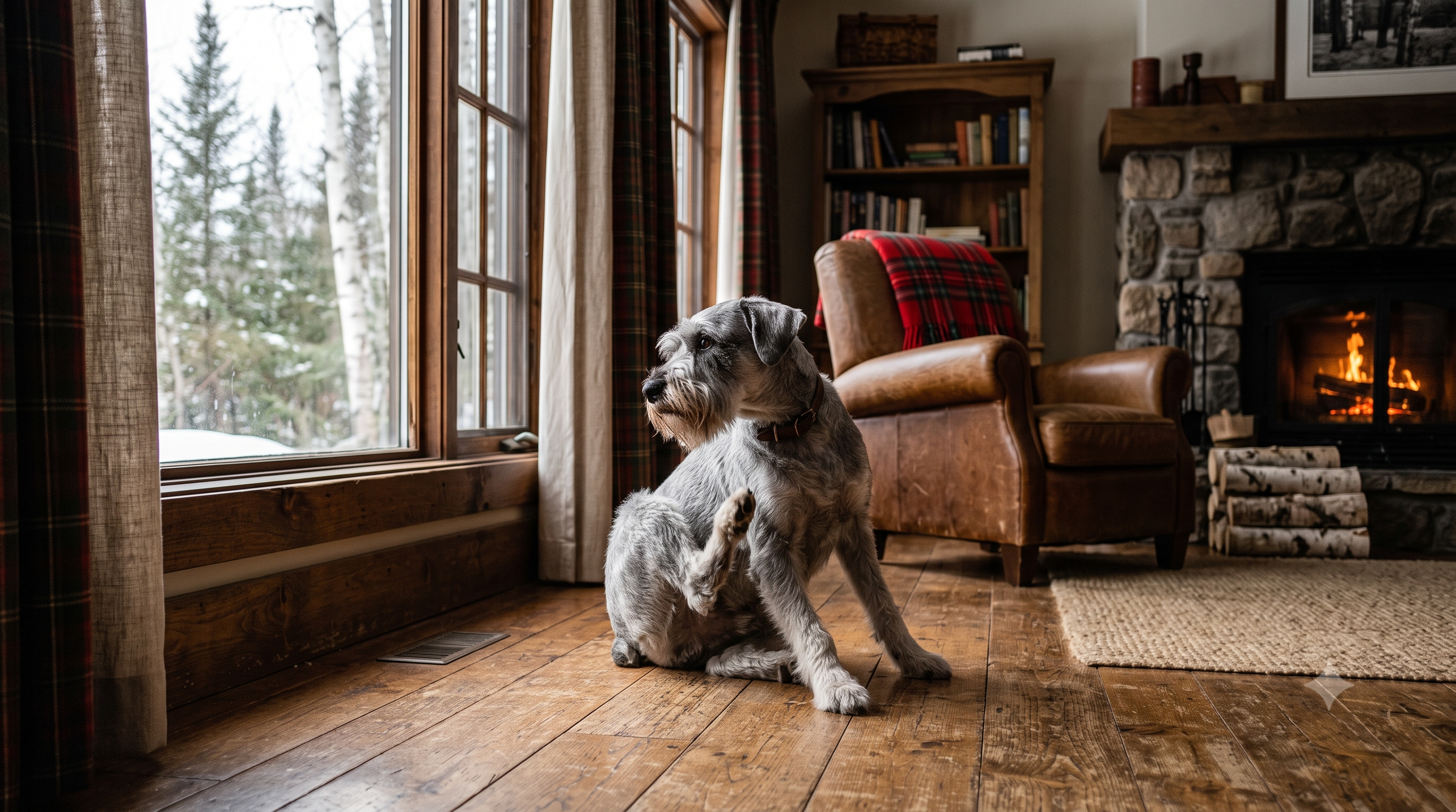 Miniature Schnauzer scratching its side in a cozy Canadian living room, illustrating the best itch relief chews for dogs in Canada
