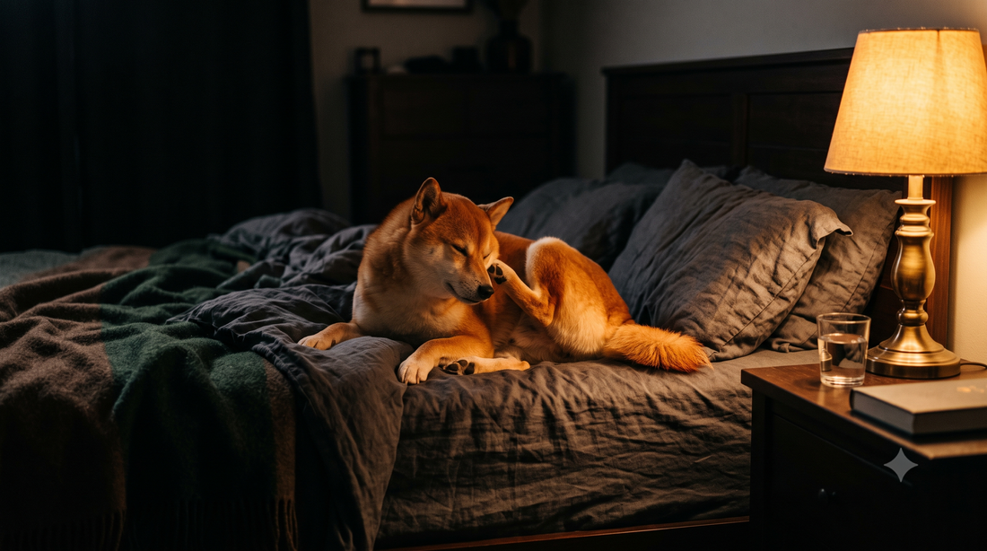 Shiba Inu scratching its neck on a bed at night by lamplight, illustrating how to stop a dog from itching at night