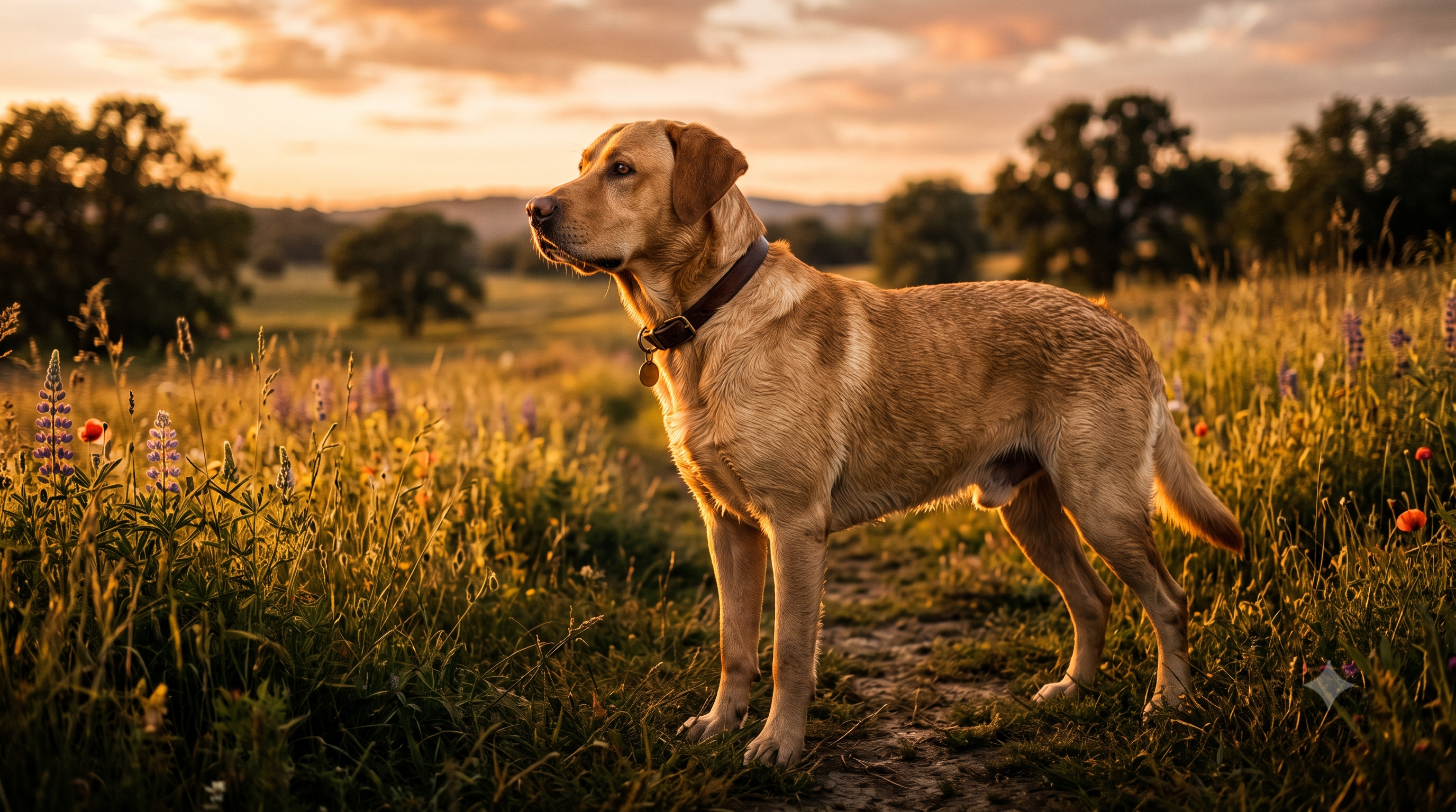 Adult Labrador Retriever with a glossy golden coat standing in a meadow, illustrating collagen for Labrador Retrievers joint, coat and gut support