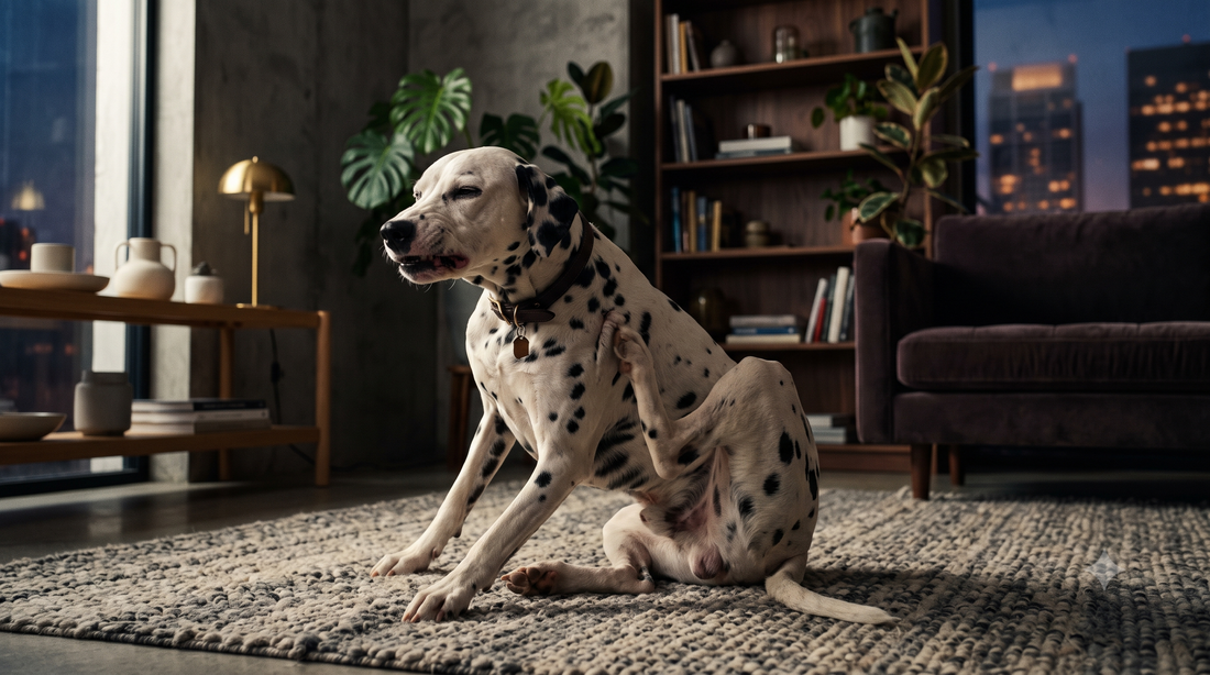 Dalmatian scratching its shoulder in a modern living room, illustrating why a dog is so itchy with no fleas and how to find relief