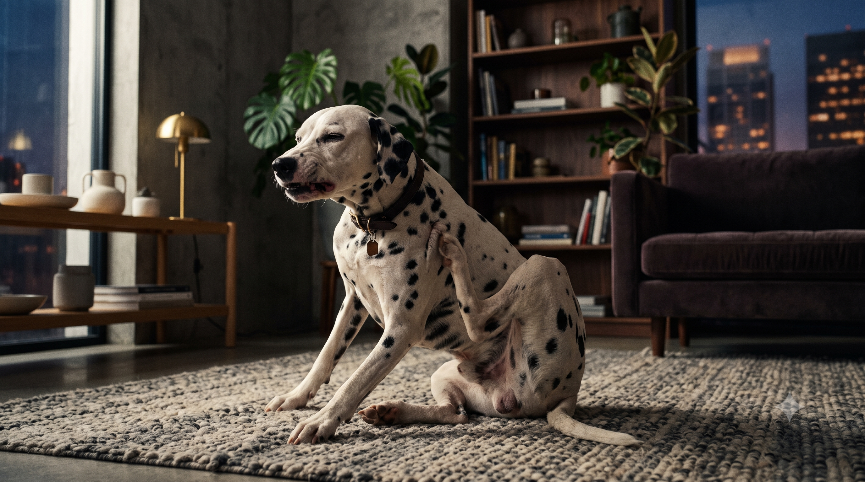 Dalmatian scratching its shoulder in a modern living room, illustrating why a dog is so itchy with no fleas and how to find relief