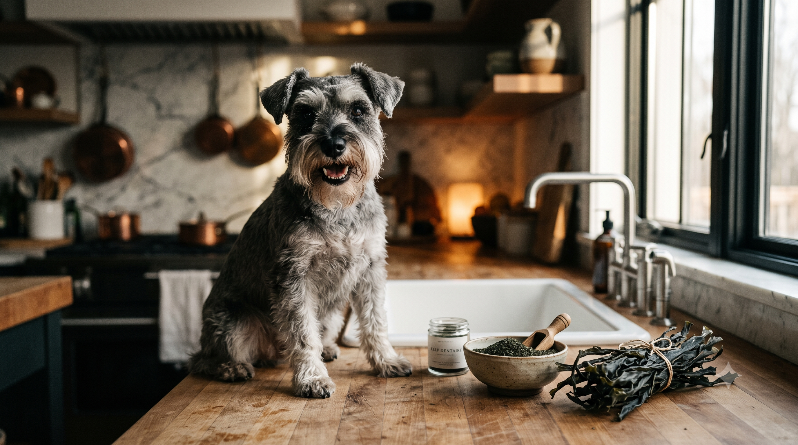 Miniature Schnauzer with clean healthy teeth next to a bowl of kelp dental powder for dogs and dried seaweed