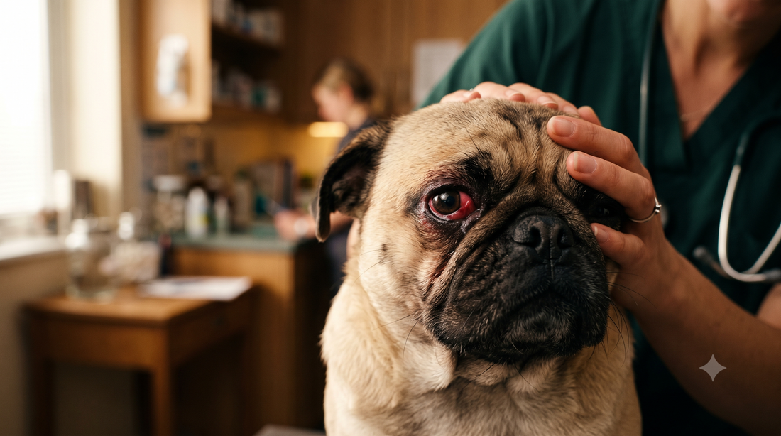 Pug with a red irritated eye being gently examined by a veterinarian for a dog eye ulcer