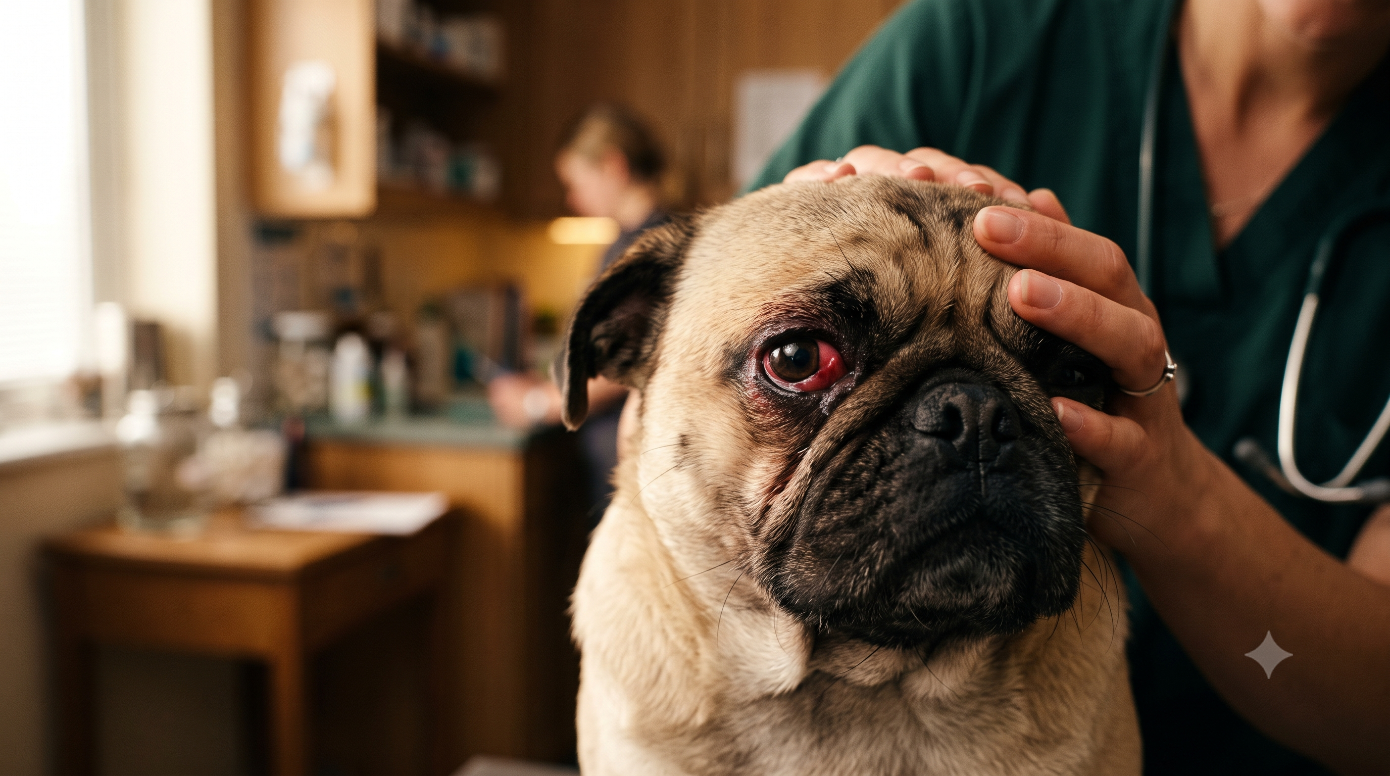 Pug with a red irritated eye being gently examined by a veterinarian for a dog eye ulcer
